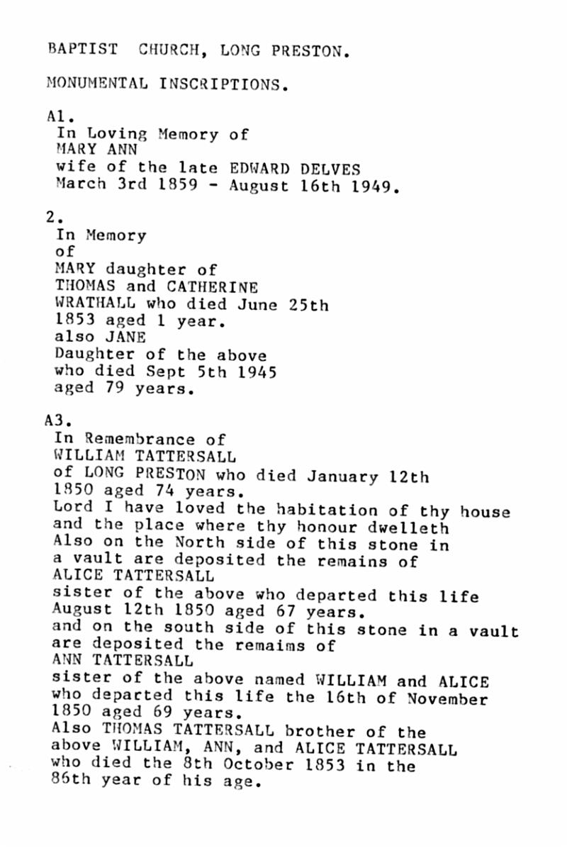 Location Index - P01.jpg - Long Preston Baptist Church -  Monumental Inscriptions in Location Order  - A1 to A3